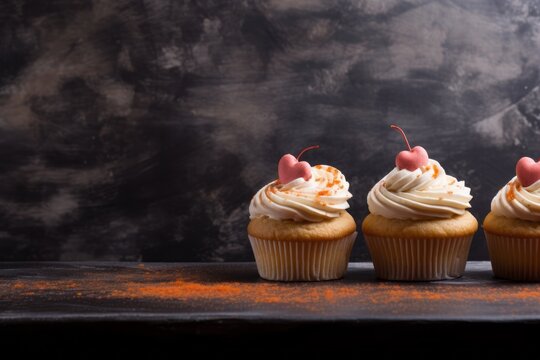 Conceptual close-up photography of an hearty cupcakes on a slate plate against a painted brick background. AI Generation