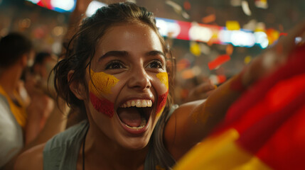 An ecstatic young woman with colorful face paint is cheering and enjoying herself at a festive event, surrounded by a crowd of equally excited fans.