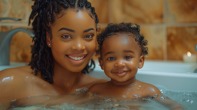 crazy young black woman and her toddler having fun in the bathroom. close up shot, enteratinment. free time, lifestyle.generative ai
