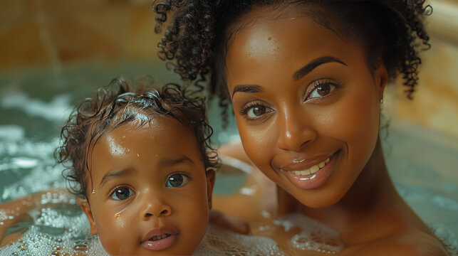 crazy young black woman and her toddler having fun in the bathroom. close up shot, enteratinment. free time, lifestyle.generative ai
