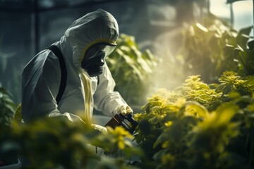 Pest control worker man in a chemical protective suit and mask respirator sprays fertilizer or chemicals with a pesticide applicator in a greenhouse on grown plants, vegetables, fruits, herbs. Concept - obrazy, fototapety, plakaty
