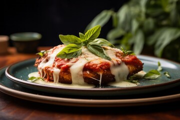 Close-up view photography of a delicious chicken parmesan on a palm leaf plate against a painted brick background. AI Generation
