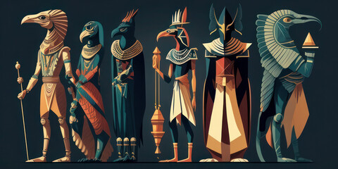 Stylized Egyptian Gods in Avian Form Illustration - obrazy, fototapety, plakaty