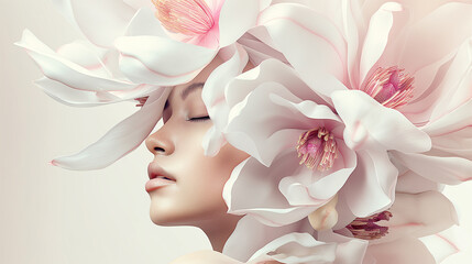 Conceptual fashion portrait for a magazine. Beautiful young girl's face in white lush magnolia flowers. - 747451192