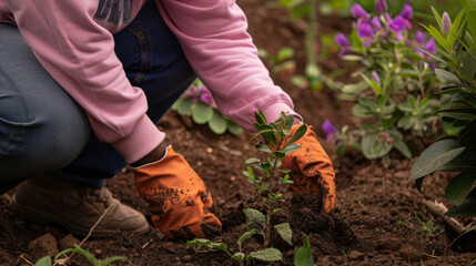 Fototapeta premium Person Pruning Plants Wearing Gloves in a Garden