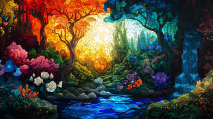 Fototapeta premium Stained glass window background with colorful Nature abstract.