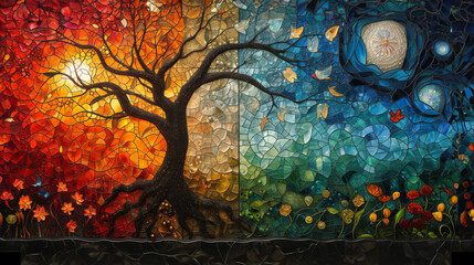 Stained glass window background with colorful Nature abstract.