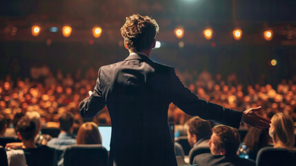 speaker at a conference viewed from behind, gesturing with his hand to an audience in a lecture hall, illuminated by the warm ambient lighting of the venue. - obrazy, fototapety, plakaty