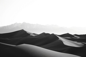 Black and white photo of sand dunes and mountains. Perfect for nature lovers - obrazy, fototapety, plakaty