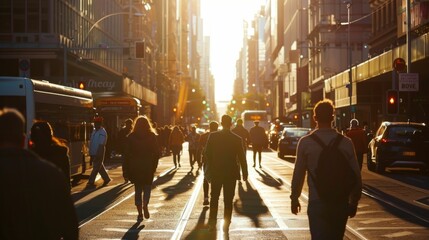 Sunset Commute in the City with Crowds Walking Against Sunlight - Great for Themes of Urban Life and Work - obrazy, fototapety, plakaty