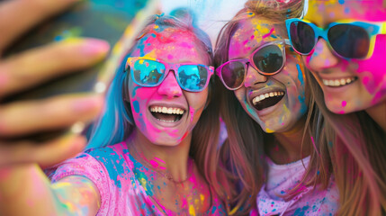  Group of Friends Covered in Colorful Powder Taking a Selfie