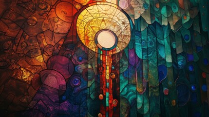 Stained glass window background with colorful abstract.