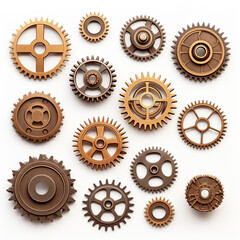 Old brass metal gears.Vintage bronze metallic cogwheels isolated on white, retro style separated gearwheels. Steampunk style
