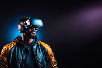 Augmented reality concept, web-banner. Black man in casual clothing using wireless VR headset on beautiful dark studio background, Banner with copy space. VR technology. virtual reality glasses