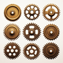 Old brass metal gears.Vintage bronze metallic cogwheels isolated on white, retro style separated...