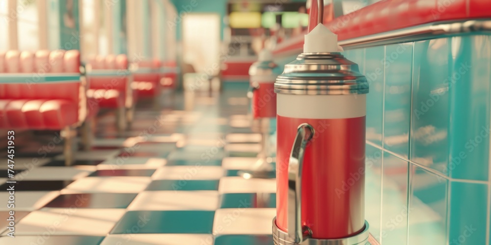 Poster a red and white fire hydrant displayed in a diner setting. suitable for urban, safety, and cityscape