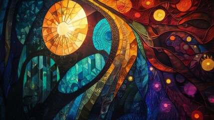 Stained glass window background with colorful Sun abstract.