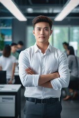 Fototapeta premium A man standing with arms crossed in an office. Suitable for business concepts