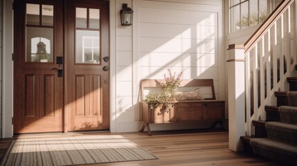 Fototapeta premium A wooden bench placed in front of a wooden door. Suitable for interior design concepts
