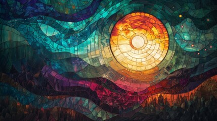 Stained glass window background with colorful Sun abstract.
