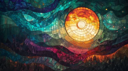 Papier Peint photo Coloré Stained glass window background with colorful Sun abstract.