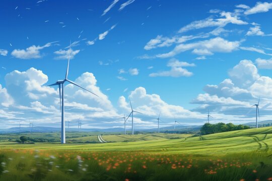 Electrical installation of big windmills wind generator against bright sunny sky in field. Concept of Earth care using natural ecological free energy