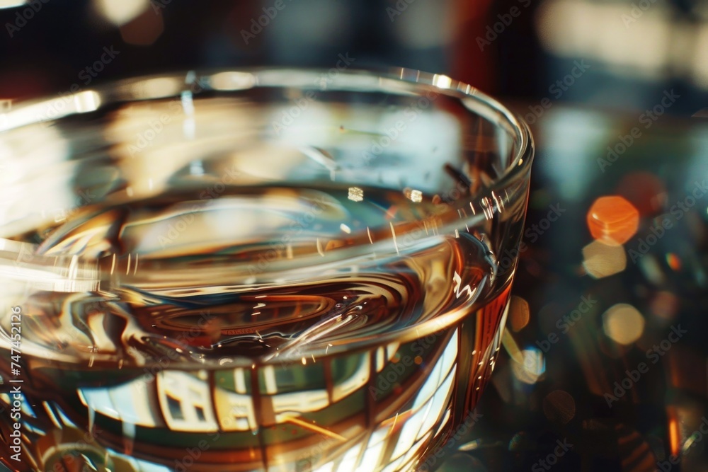 Poster glass of water on a table, suitable for various concepts and designs
