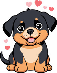 Fototapeta premium Cute rottweiler puppy with hearts, cartoon illustration png, cute dog breed design for nursery, children's book, party, kid-friendly character, baby shower, dog lover, pet shop