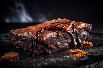 Macro view photography of a juicy brownie on a metal tray against a black slate background. AI Generation