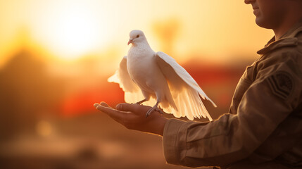 a soldier stretched out his hand and a white dove of peace landed on it.