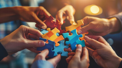 multiple hands of diverse people are connecting colorful puzzle pieces together. - Powered by Adobe