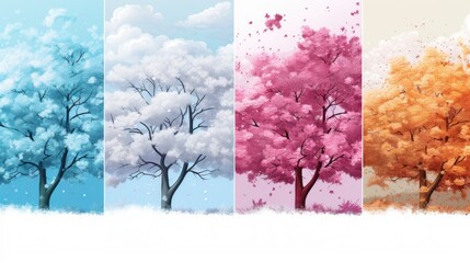 Four different colored trees lined up together. Suitable for nature and diversity concepts