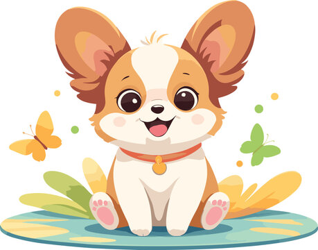 Adorable Papillon puppy sitting on mat in garden with butterflies, cartoon illustration on transparent background svg, design element for puppy, small dog breed, pet element, nursery décor, kids
