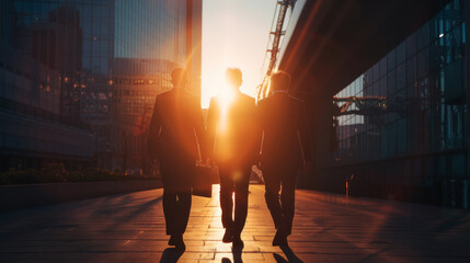 silhouetted business professionals walking across a bridge towards the sunlight with a cityscape in...