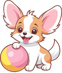 Happy cute Papillon puppy playing colorful ball, cartoon illustration png, pastel design element for puppy, small dog breed, pet element, nursery décor, children's book, party, kid-friendly character