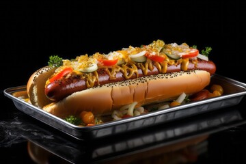 Natural light close-up photography of a delicious hot dog on a metal tray against a black slate background. AI Generation