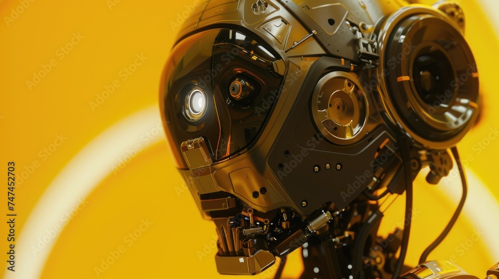 Poster Close up of a robot's head on a bright yellow background. Suitable for technology and artificial intelligence concepts