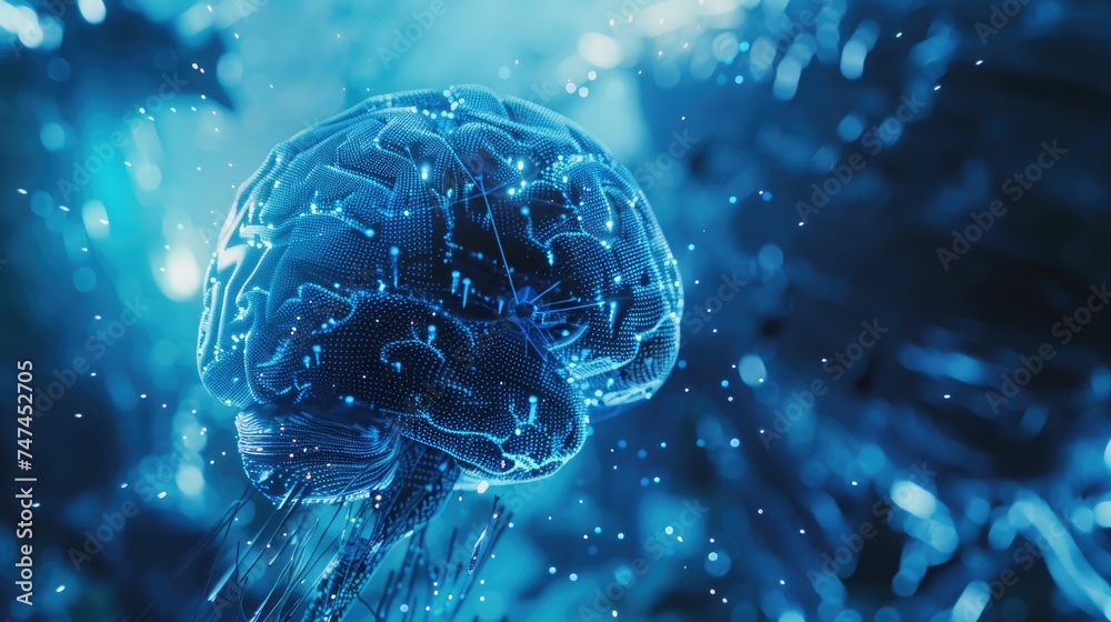 Poster an intricate computer generated image of a human brain. suitable for medical, science, and technolog