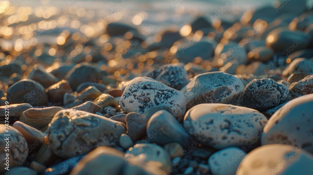 Poster close up of rocks on a beach near the ocean. suitable for nature and travel concepts