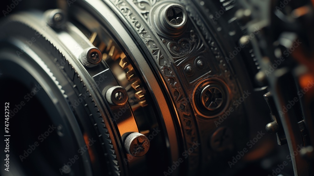 Poster detailed view of a metal object with gears. suitable for industrial concepts