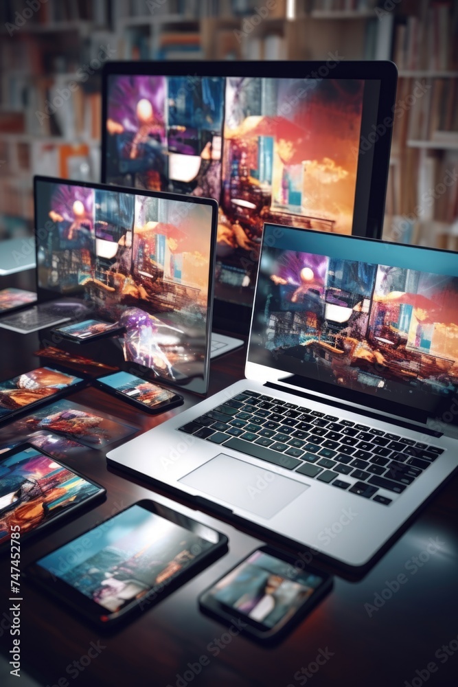 Poster a table with a laptop, phone, and laptop on it. ideal for technology and communication concepts