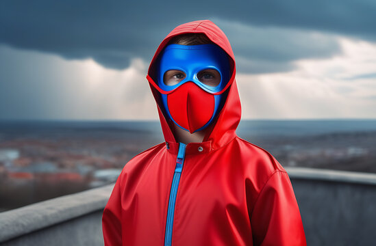 A man in electric blue mask and red windbreaker on balcony with cloudy sky - Powered by Adobe