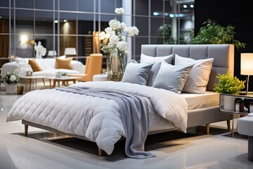 Modern beds with mattresses and pillows in the store. Furniture showroom interior - new fashionable modern stylish mattresses and beds