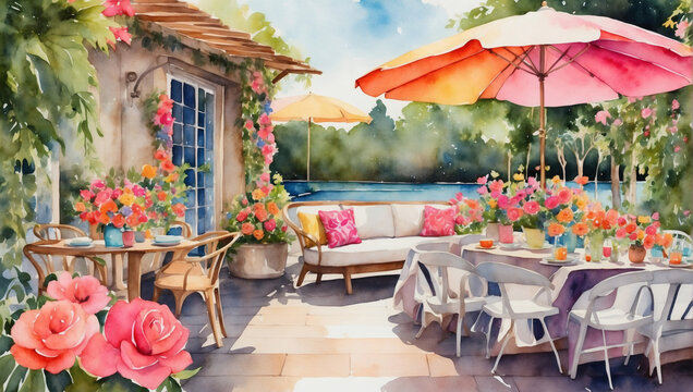 Watercolor garden party with colorful umbrellas, flowers, and outdoor furniture.