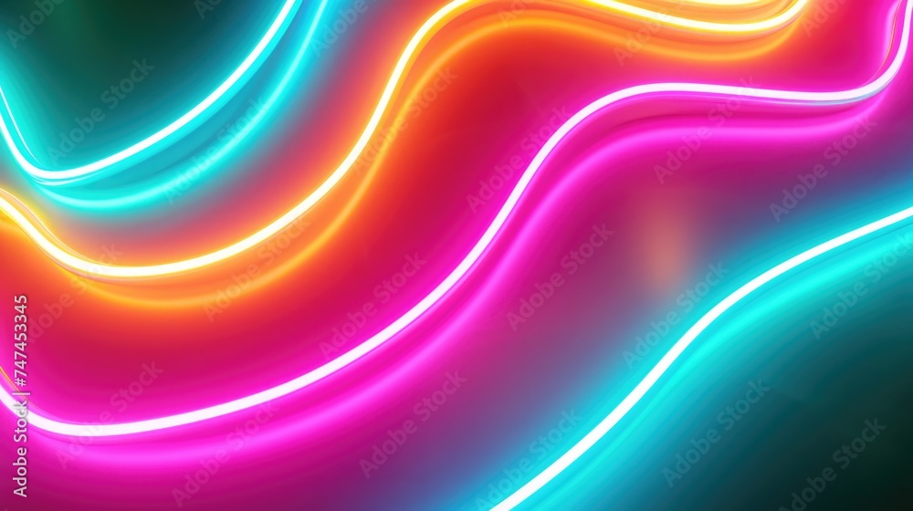 Poster a vibrant wave of neon lights on a dark backdrop. ideal for futuristic designs