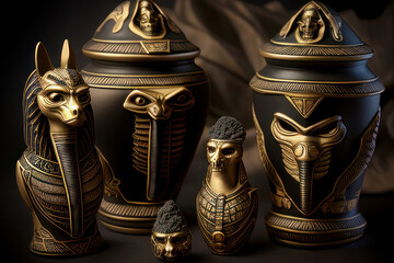 Collection of canopic jars from ancient Egypt.