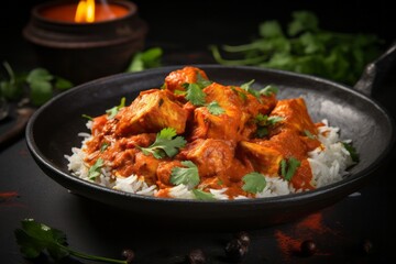 Macro detail close-up photography of a delicious chicken tikka masala on a rustic plate against a black slate background. AI Generation
