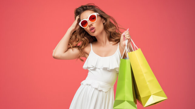 woman with wavy hair wearing white heart-shaped sunglasses and a white ruffled dress, puckering her lips and holding colorful shopping bags, against a coral pink background.