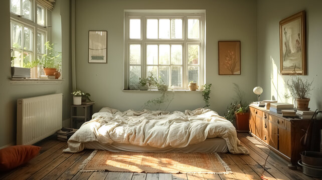 Bedroom of sparse London flat, morning light. The mattress is on the floor and a framed picture on the wall.