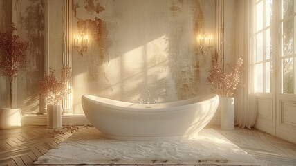 Modern bathroom in elegant white colors, freestanding bathtub in the middle, relaxing bathroom